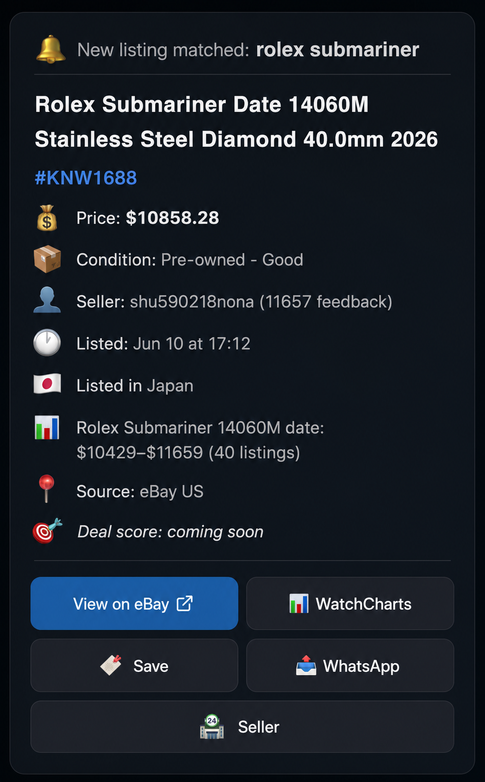 Real WristGrail Telegram alert: Rolex Submariner Date 14060M listed at $10,858.28 with seller, market range and action buttons